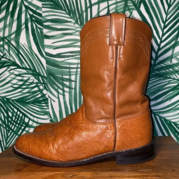 Justin Boots Vintage Cognac Exotic Ostrich Western Roper Boots L3021 9.5 B