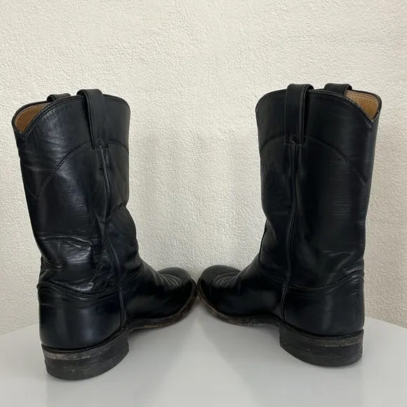 Justin Made in USA JACKSON 10&quot; ROPER Boots Black Leather 7D $199 Style 3133