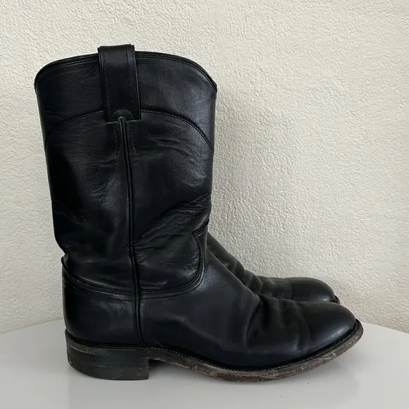 Justin Made in USA JACKSON 10&quot; ROPER Boots Black Leather 7D $199 Style 3133