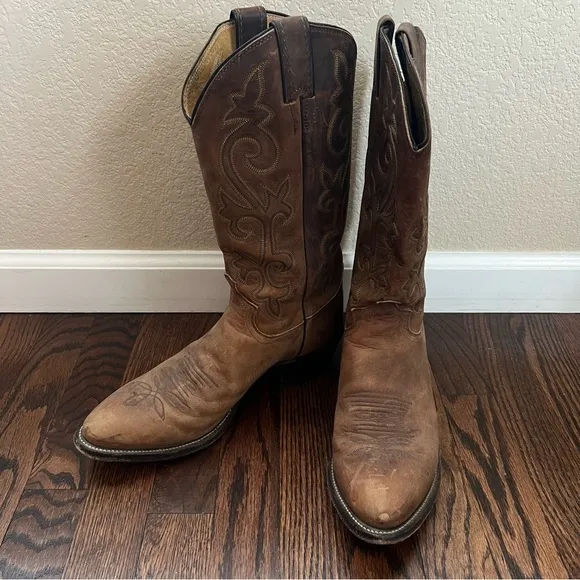 Justin Men Leather Western Cowboy Boots Round Toe Size 9 1/2 D Style# 2253 Brown