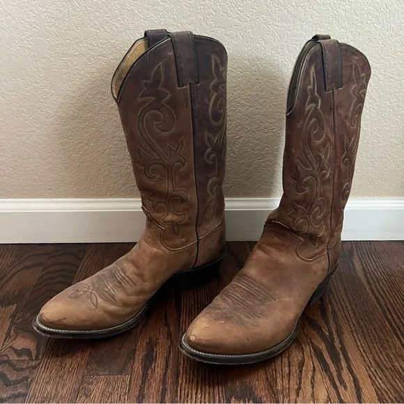 Justin Men Leather Western Cowboy Boots Round Toe Size 9 1/2 D Style# 2253 Brown
