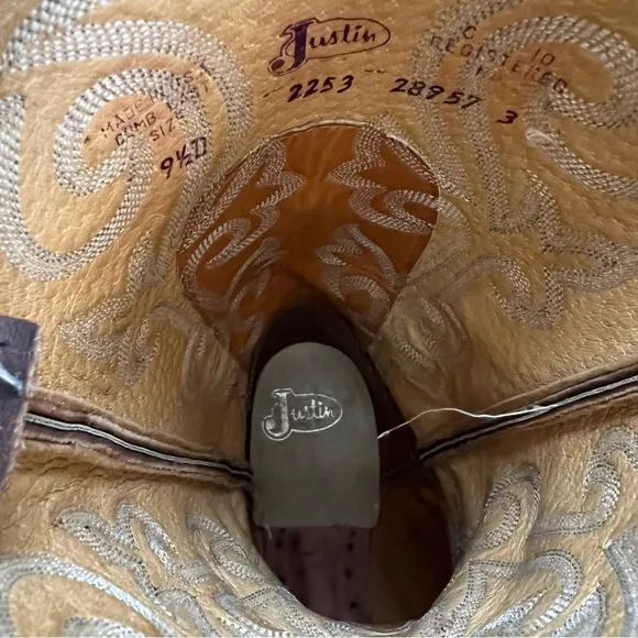 Justin Men Leather Western Cowboy Boots Round Toe Size 9 1/2 D Style# 2253 Brown