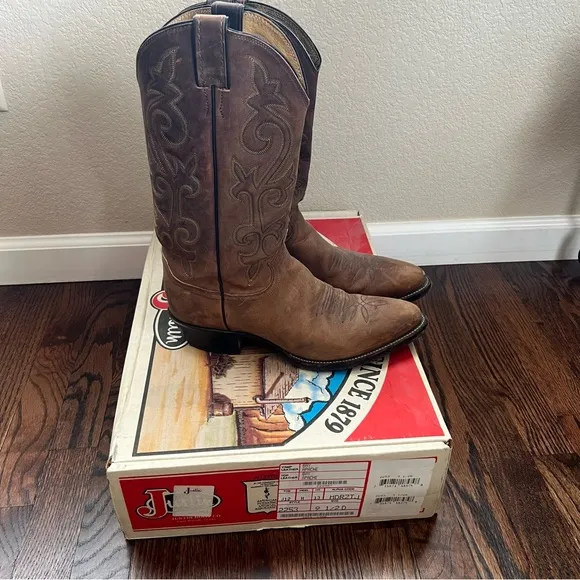 Justin Men Leather Western Cowboy Boots Round Toe Size 9 1/2 D Style# 2253 Brown
