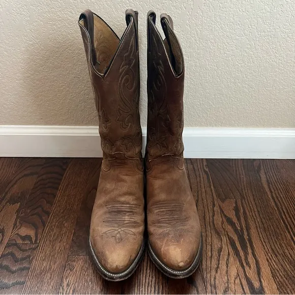 Justin Men Leather Western Cowboy Boots Round Toe Size 9 1/2 D Style# 2253 Brown