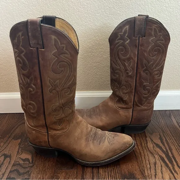 Justin Men Leather Western Cowboy Boots Round Toe Size 9 1/2 D Style# 2253 Brown
