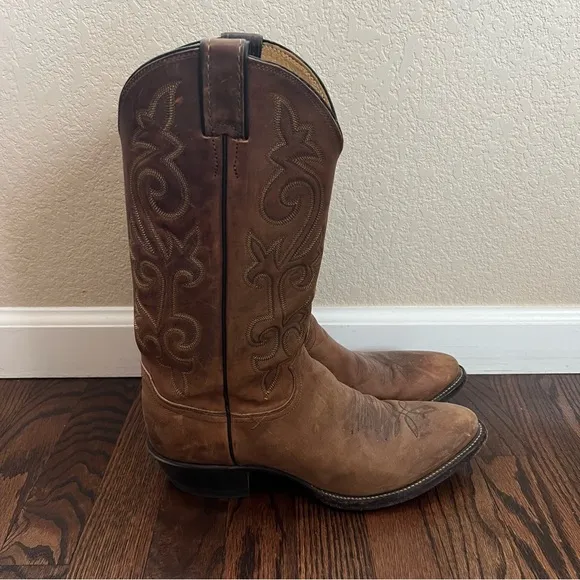 Justin Men Leather Western Cowboy Boots Round Toe Size 9 1/2 D Style# 2253 Brown