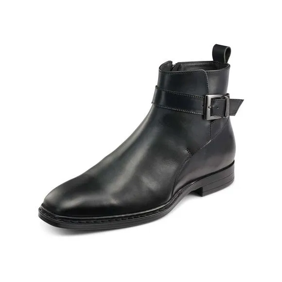 KARL LAGERFELD Mens Black Buckled Strap Heel Pull-Tab Leather Boots Shoes 11.5