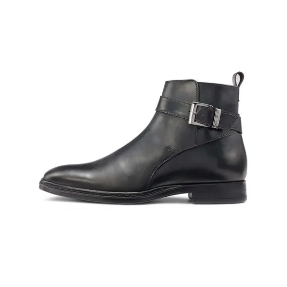 KARL LAGERFELD Mens Black Buckled Strap Heel Pull-Tab Leather Boots Shoes 11.5