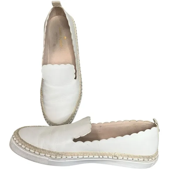 KATE SPADE Loren White Leather Scalloped Espadrille Slip-Ons Women Size 7.5