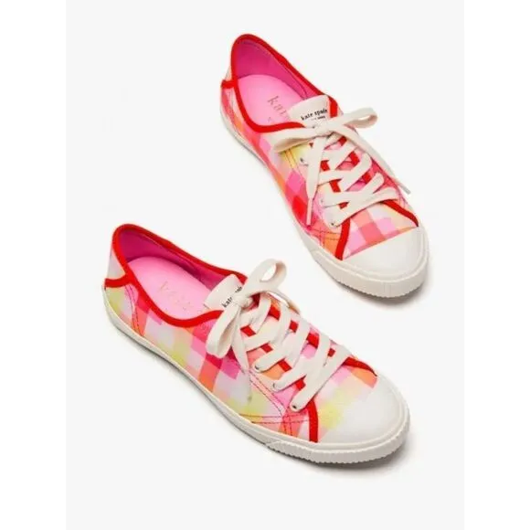 Kate Spade Tennison Pink Madras Plaid Fashion Sneakers Shoes Lace-Up NEW