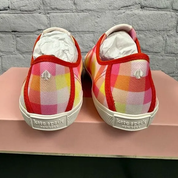 Kate Spade Tennison Pink Madras Plaid Fashion Sneakers Shoes Lace-Up NEW