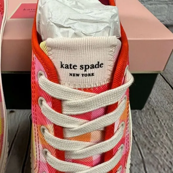 Kate Spade Tennison Pink Madras Plaid Fashion Sneakers Shoes Lace-Up NEW