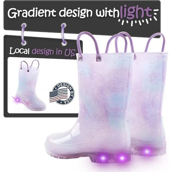 Kids Rain Boot Giral Purple Polyvinyl Chloride Waterproof Light up dual …