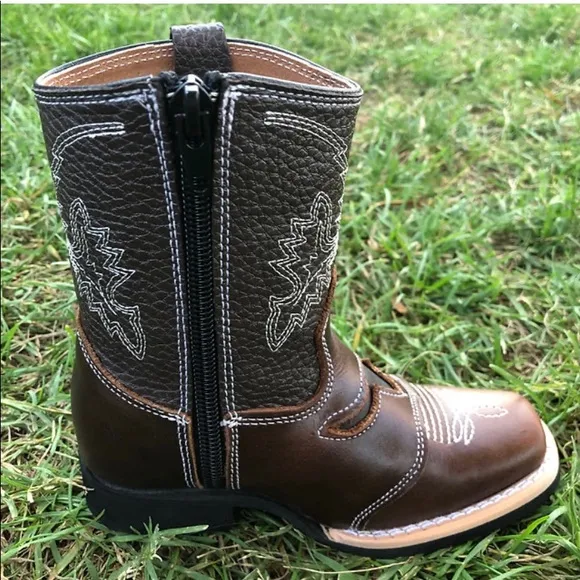 Kid's Western Rodeo Square Toe Genuine Leather Cowboy Brown Boots Bota Niño 550