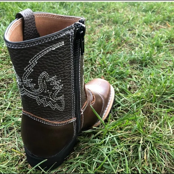 Kid's Western Rodeo Square Toe Genuine Leather Cowboy Brown Boots Bota Niño 550