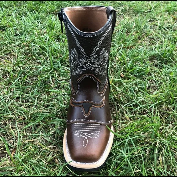 Kid's Western Rodeo Square Toe Genuine Leather Cowboy Brown Boots Bota Niño 550