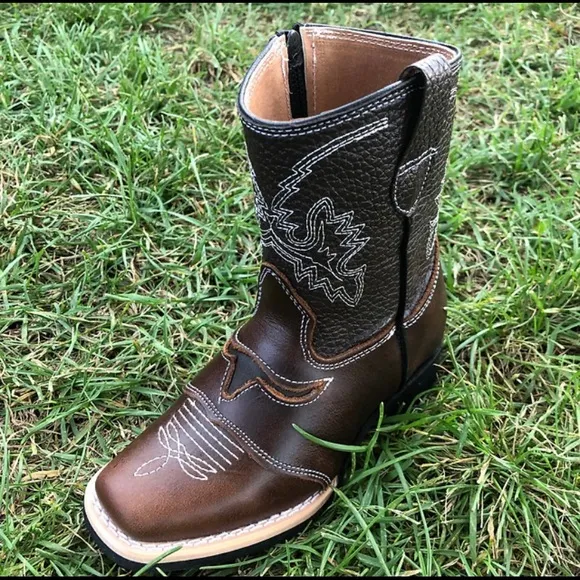 Kid's Western Rodeo Square Toe Genuine Leather Cowboy Brown Boots Bota Niño 550