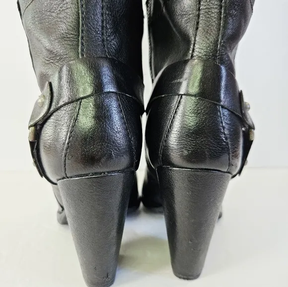 Kork Ease Olsen Harness Black Leather Knee-High Chunky Heel Round Toe Boots 7
