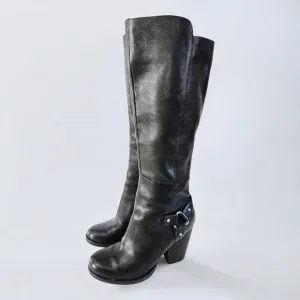 Kork Ease Olsen Harness Black Leather Knee-High Chunky Heel Round Toe Boots 7