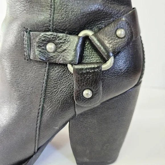 Kork Ease Olsen Harness Black Leather Knee-High Chunky Heel Round Toe Boots 7