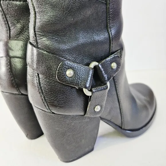 Kork Ease Olsen Harness Black Leather Knee-High Chunky Heel Round Toe Boots 7