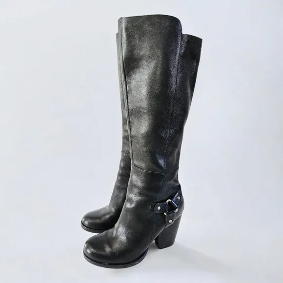 Kork Ease Olsen Harness Black Leather Knee-High Chunky Heel Round Toe Boots 7