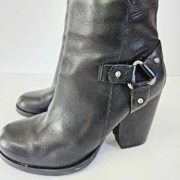 Kork Ease Olsen Harness Black Leather Knee-High Chunky Heel Round Toe Boots 7