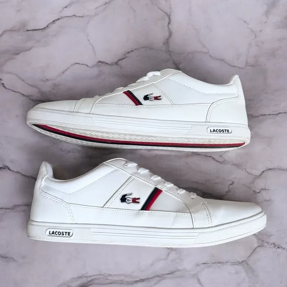 Lacoste Europa Tricolor Leather Sneakers Mens Size US 10.5 White Red Blue Shoes