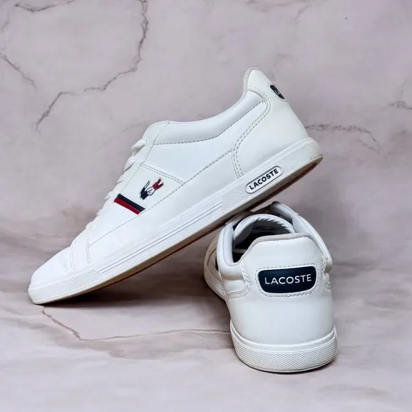 Lacoste Europa Tricolor Leather Sneakers Mens Size US 10.5 White Red Blue Shoes