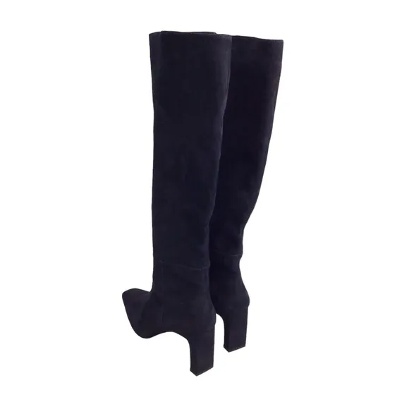 Lafayette 148 ADLEY Suede Block Heeled Knee High Boots Blue Sz 41 EU 11 …