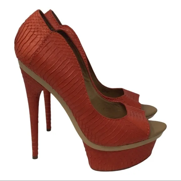 L.A.M.B. ILane Coral Snakeskin Leather Peeptoe Heels Shoes