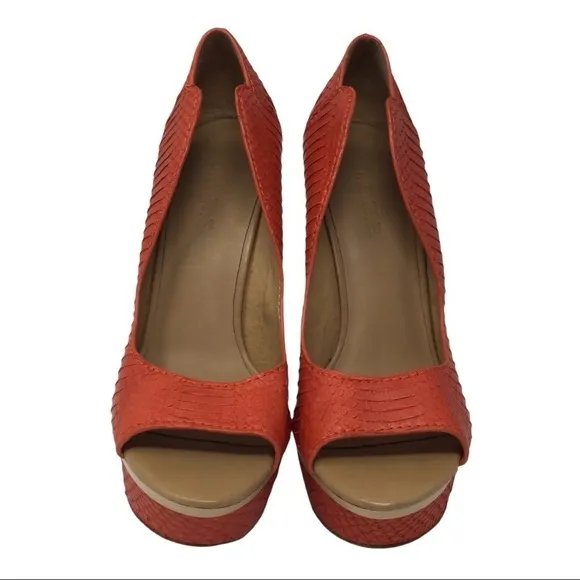 L.A.M.B. ILane Coral Snakeskin Leather Peeptoe Heels Shoes