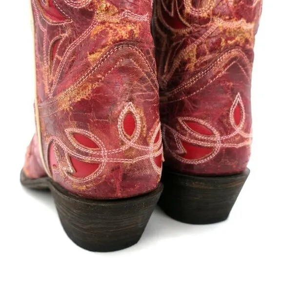 Laredo No More Drama Red Leather Cowgirl Distressed Western Boots 3125 Womens 8M