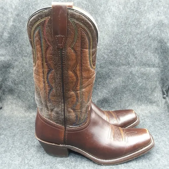 Laredo Western Cowboy Boots Square Toe Leather Stitch Brown Mens Size 9D 601C6