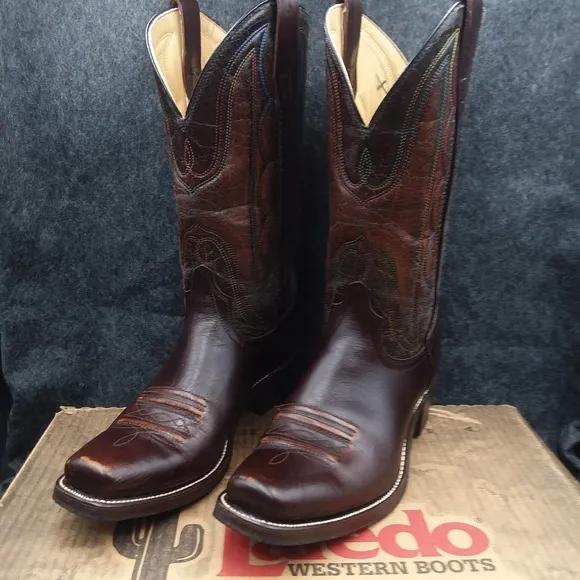 Laredo Western Cowboy Boots Square Toe Leather Stitch Brown Mens Size 9D 601C6