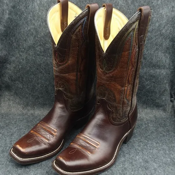 Laredo Western Cowboy Boots Square Toe Leather Stitch Brown Mens Size 9D 601C6