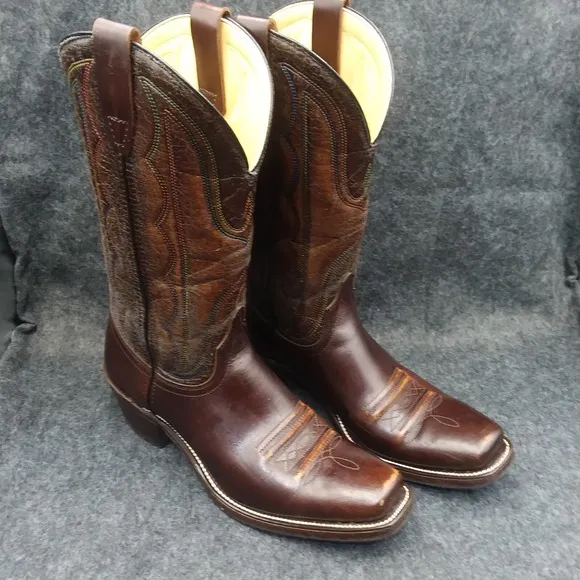 Laredo Western Cowboy Boots Square Toe Leather Stitch Brown Mens Size 9D 601C6