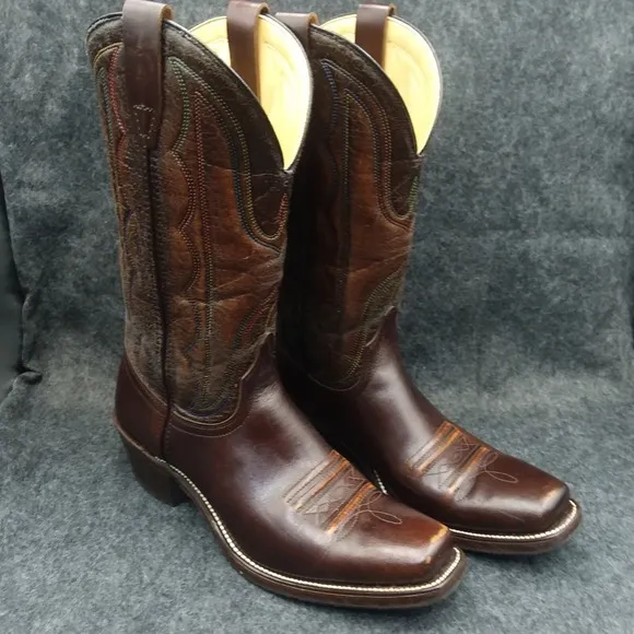 Laredo Western Cowboy Boots Square Toe Leather Stitch Brown Mens Size 9D 601C6