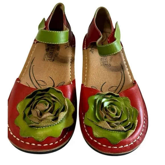 L'Artise Caicos Red Green Flower Bow Leather Mary Jane Ankle Strap  Shoes EU 37