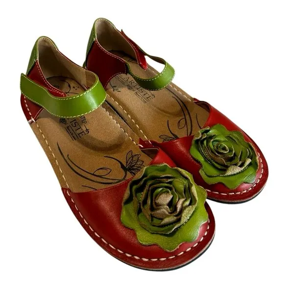 L'Artise Caicos Red Green Flower Bow Leather Mary Jane Ankle Strap  Shoes EU 37