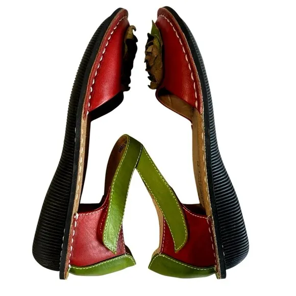 L'Artise Caicos Red Green Flower Bow Leather Mary Jane Ankle Strap  Shoes EU 37