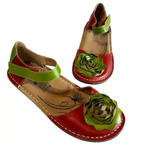 L'Artise Caicos Red Green Flower Bow Leather Mary Jane Ankle Strap  Shoes EU 37