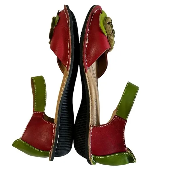 L'Artise Caicos Red Green Flower Bow Leather Mary Jane Ankle Strap  Shoes EU 37