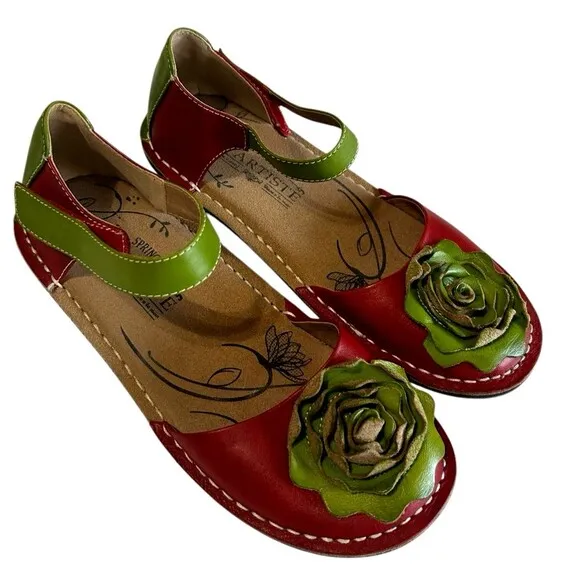L'Artise Caicos Red Green Flower Bow Leather Mary Jane Ankle Strap  Shoes EU 37