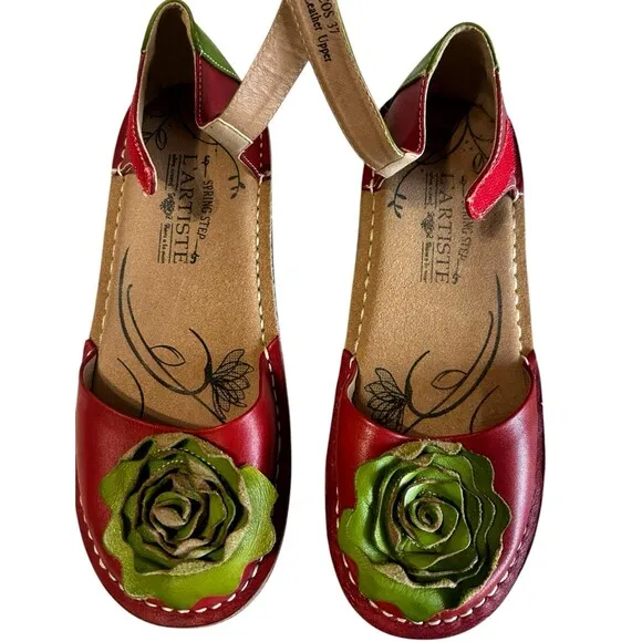 L'Artise Caicos Red Green Flower Bow Leather Mary Jane Ankle Strap  Shoes EU 37
