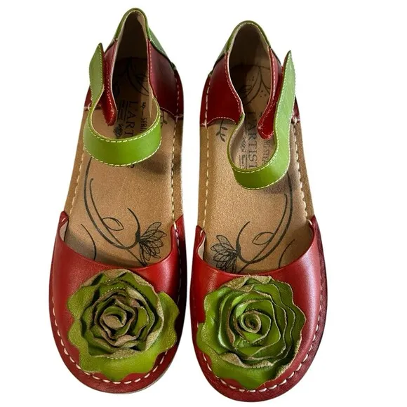 L'Artise Caicos Red Green Flower Bow Leather Mary Jane Ankle Strap  Shoes EU 37