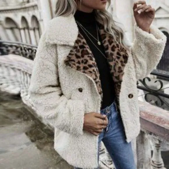 Leopard Print Double Button Teddy Coat