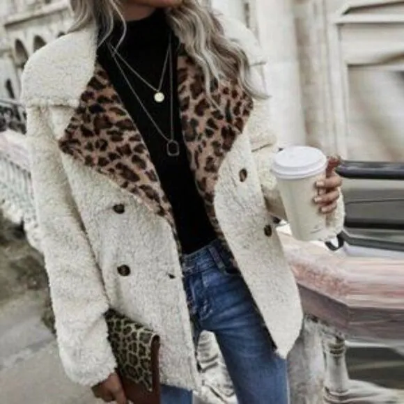 Leopard Print Double Button Teddy Coat