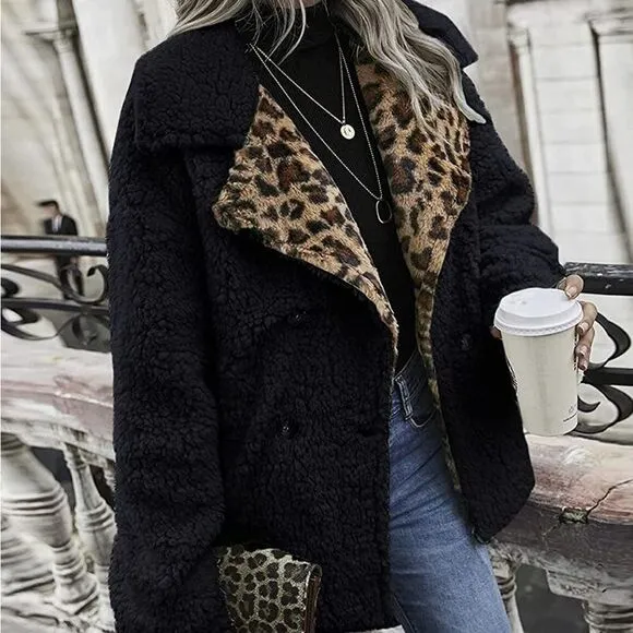Leopard Print Double Button Teddy Coat