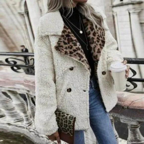 Leopard Print Double Button Teddy Coat